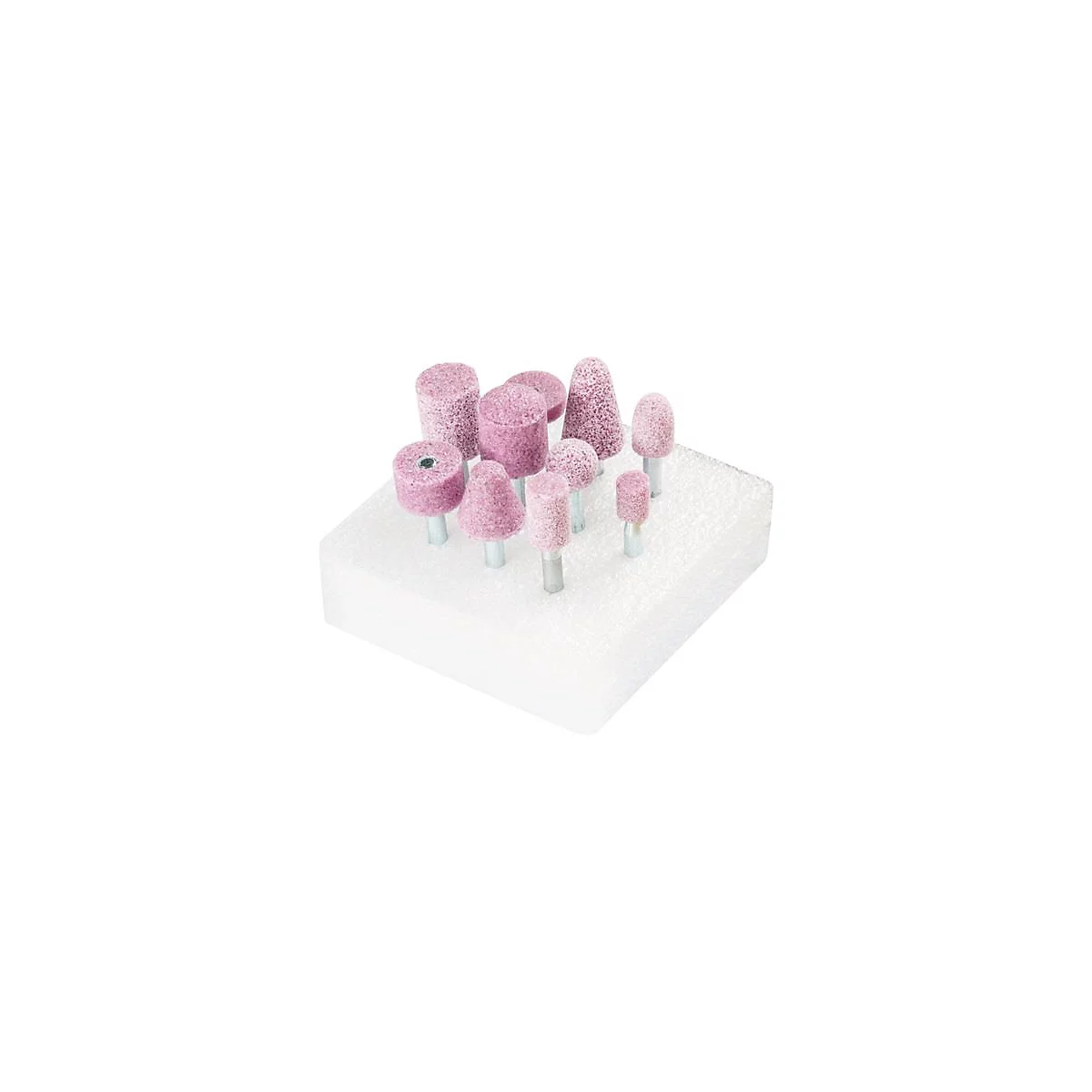 Diverses meules roses sur mousse blanche, de différentes formes.