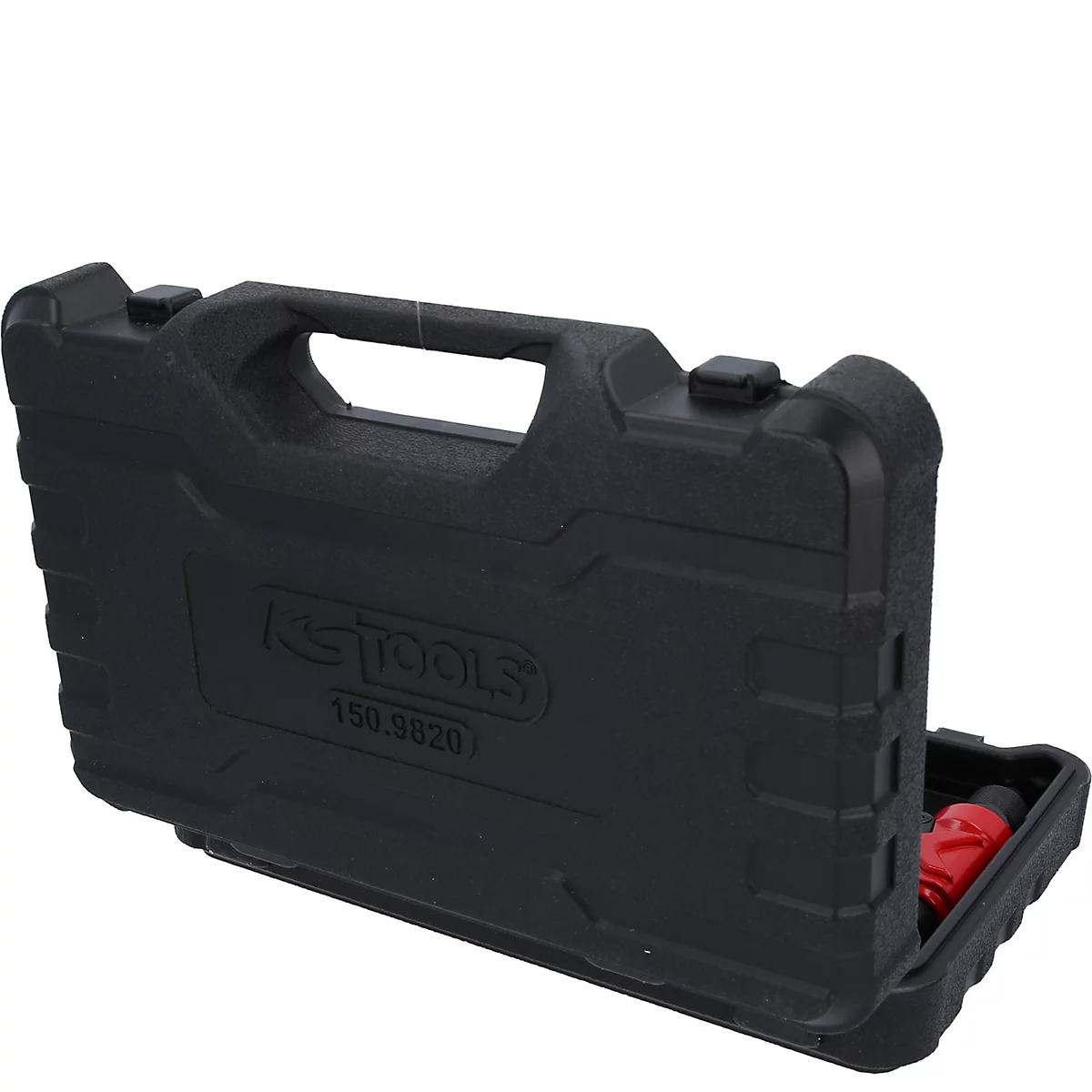 Mallette à outils noire en plastique de KS Tools, modèle 150.9820, entrouverte sur fond blanc.