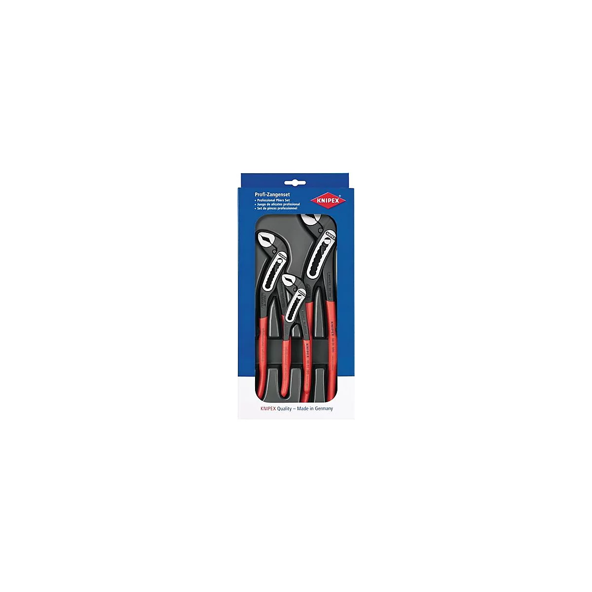 Un jeu de pinces professionnelles Knipex dans un emballage bleu. Des pinces noires avec des poignées rouges sont dans un moule en plastique gris.