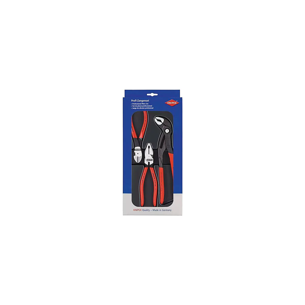 Jeu de pinces dans un support rouge et noir. Inscription : Profi-Zangenset, logo Knipex.