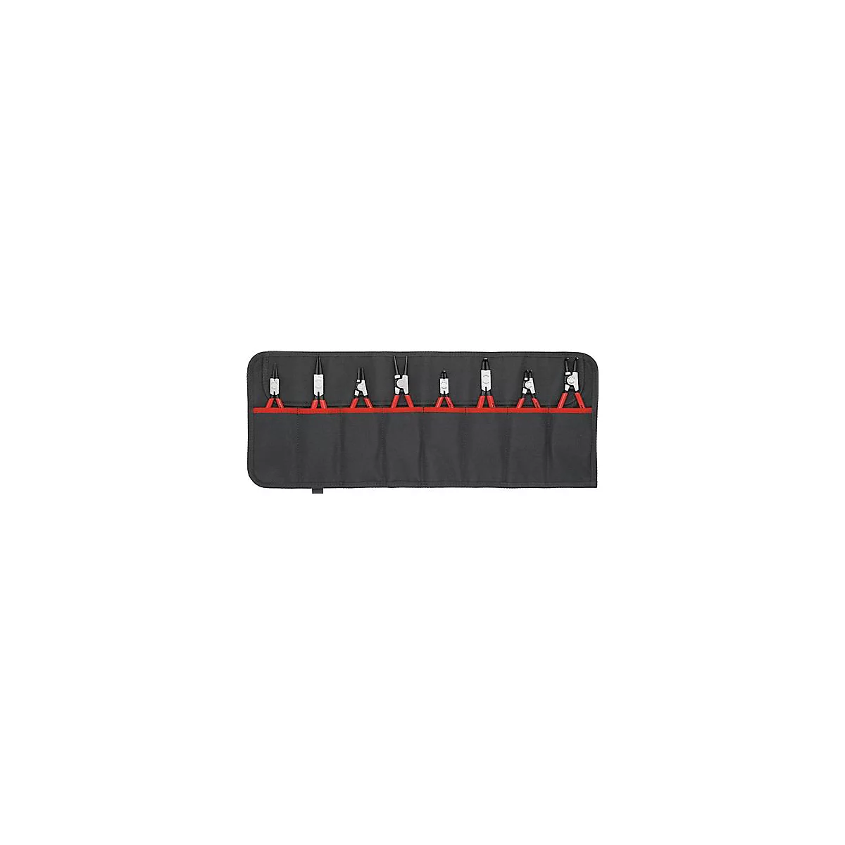 Trousse à outils avec diverses pinces. Sac noir, accents rouges, têtes de pinces argentées, poignées rouges.