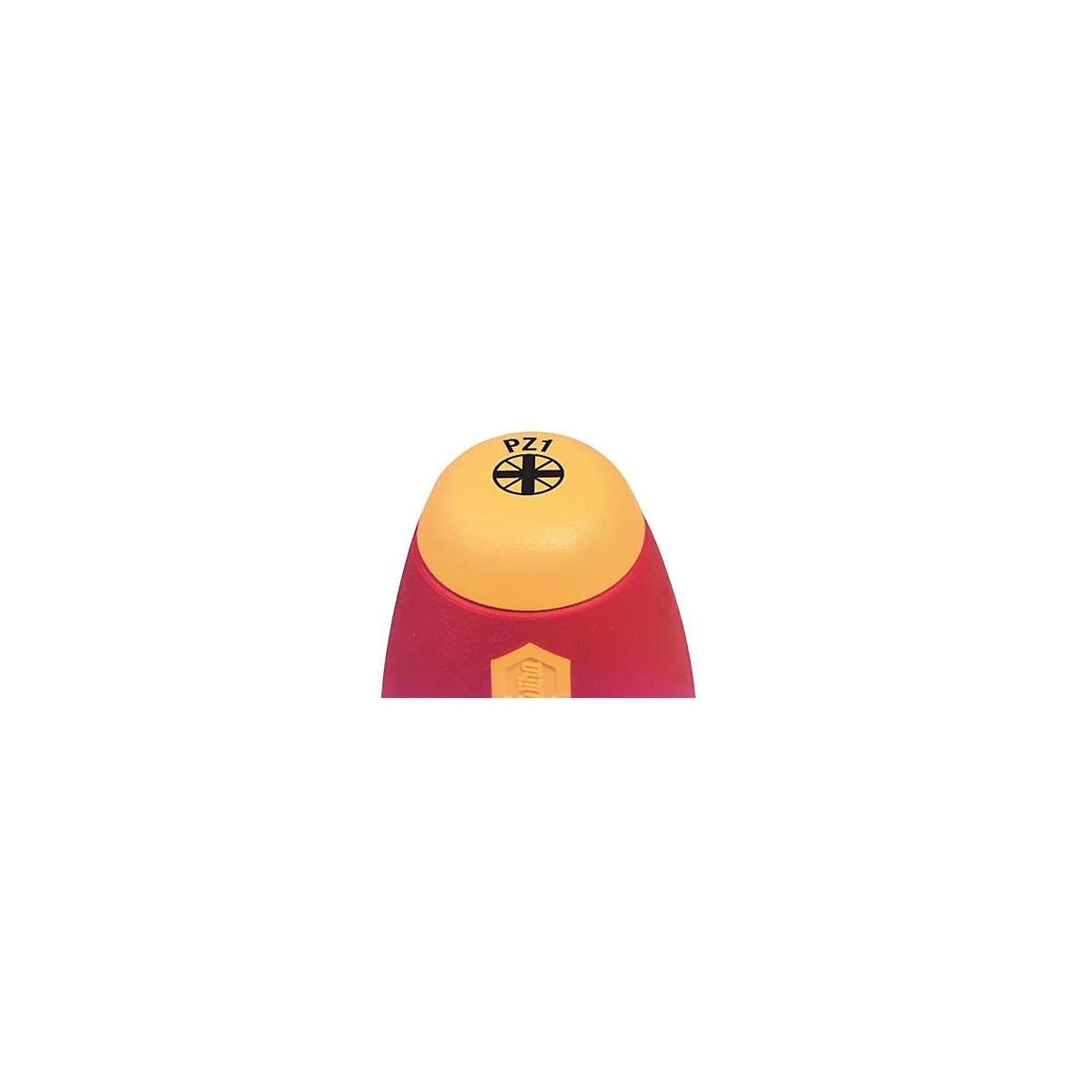 Gros plan d'une vis jaune-rouge avec l'inscription PZ1 et un symbole.