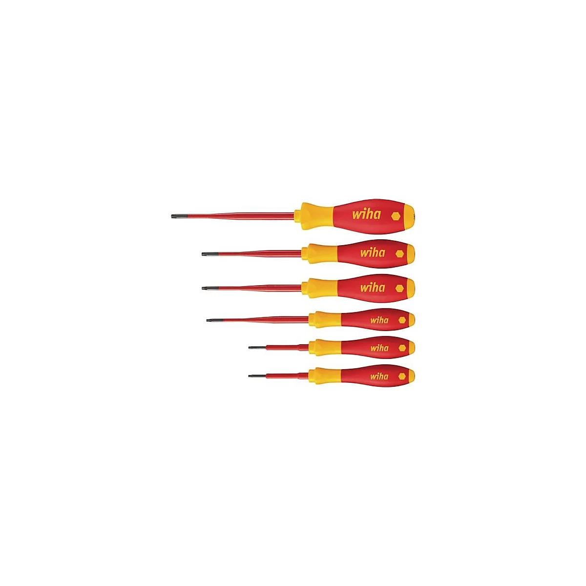 Six tournevis isolés, rouge-jaune, avec l'impression "wiha".