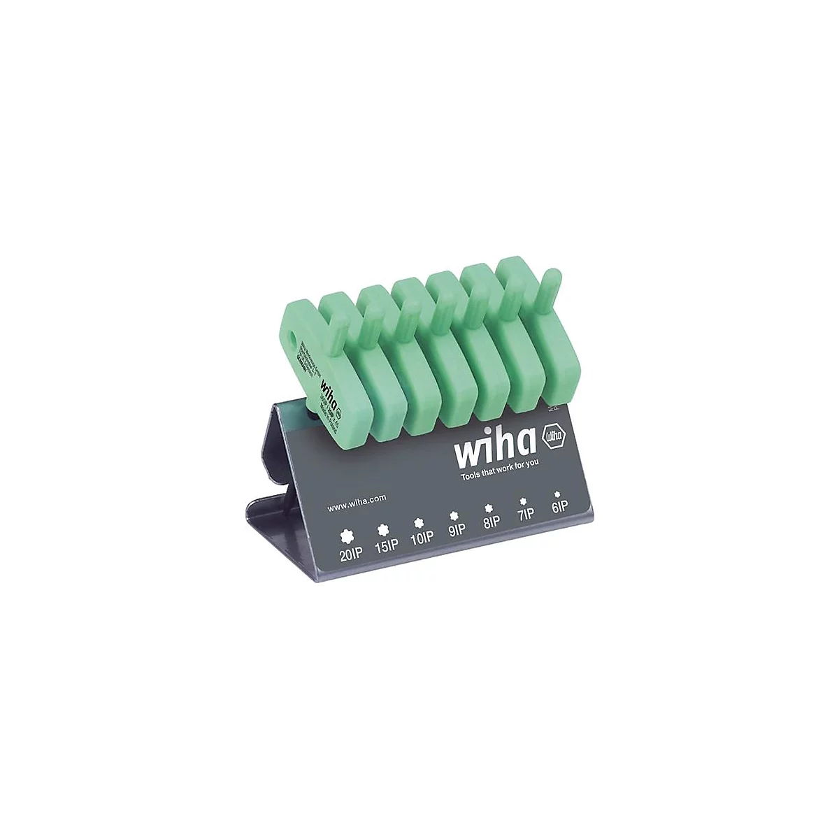 Un ensemble de tournevis verts sur un support gris avec le logo Wiha. Les détails de taille sont indiqués en bas.