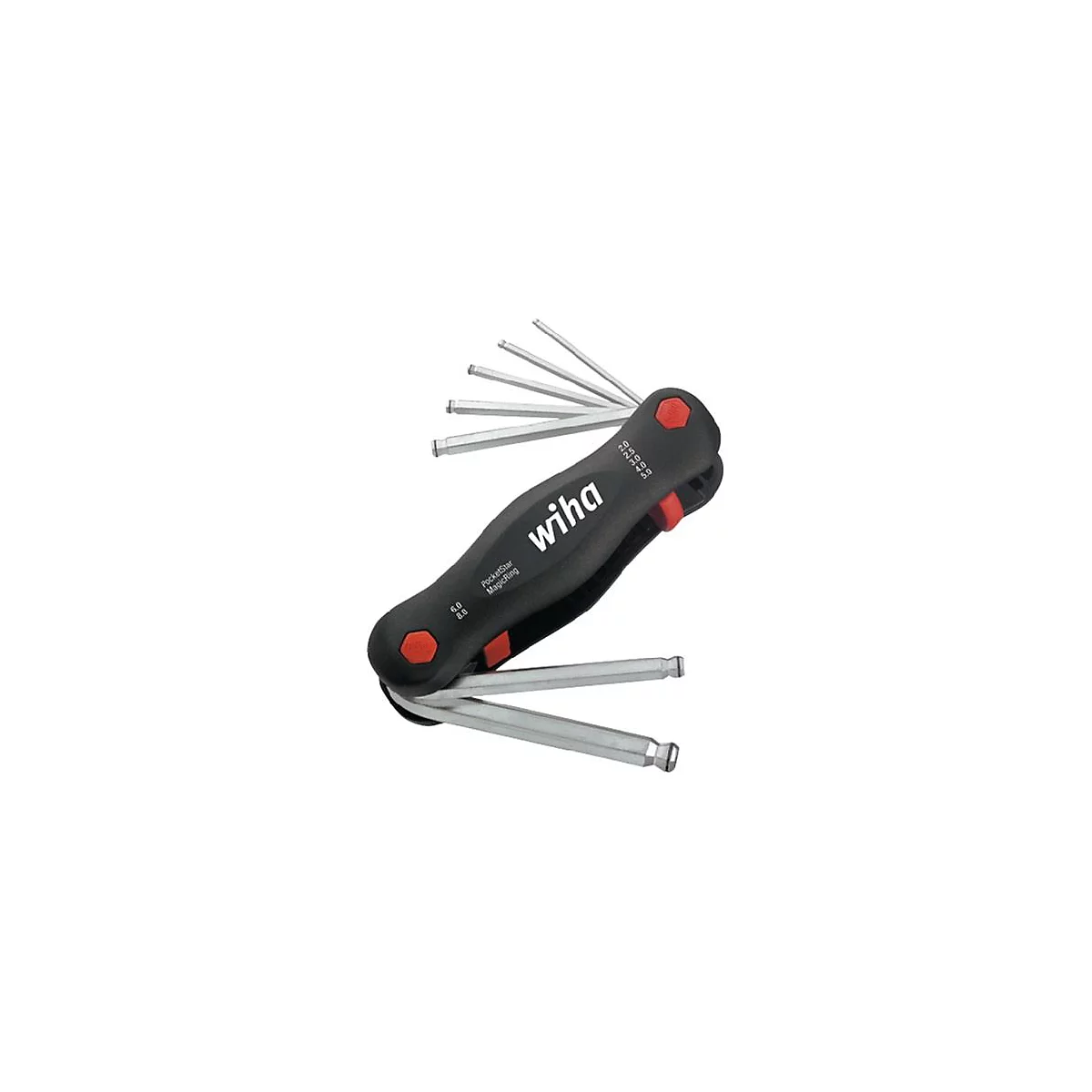 Clé Allen Wiha noire avec embouts dépliés. Accent rouge, lettrage blanc, désignation: PocketStar MagicRing.