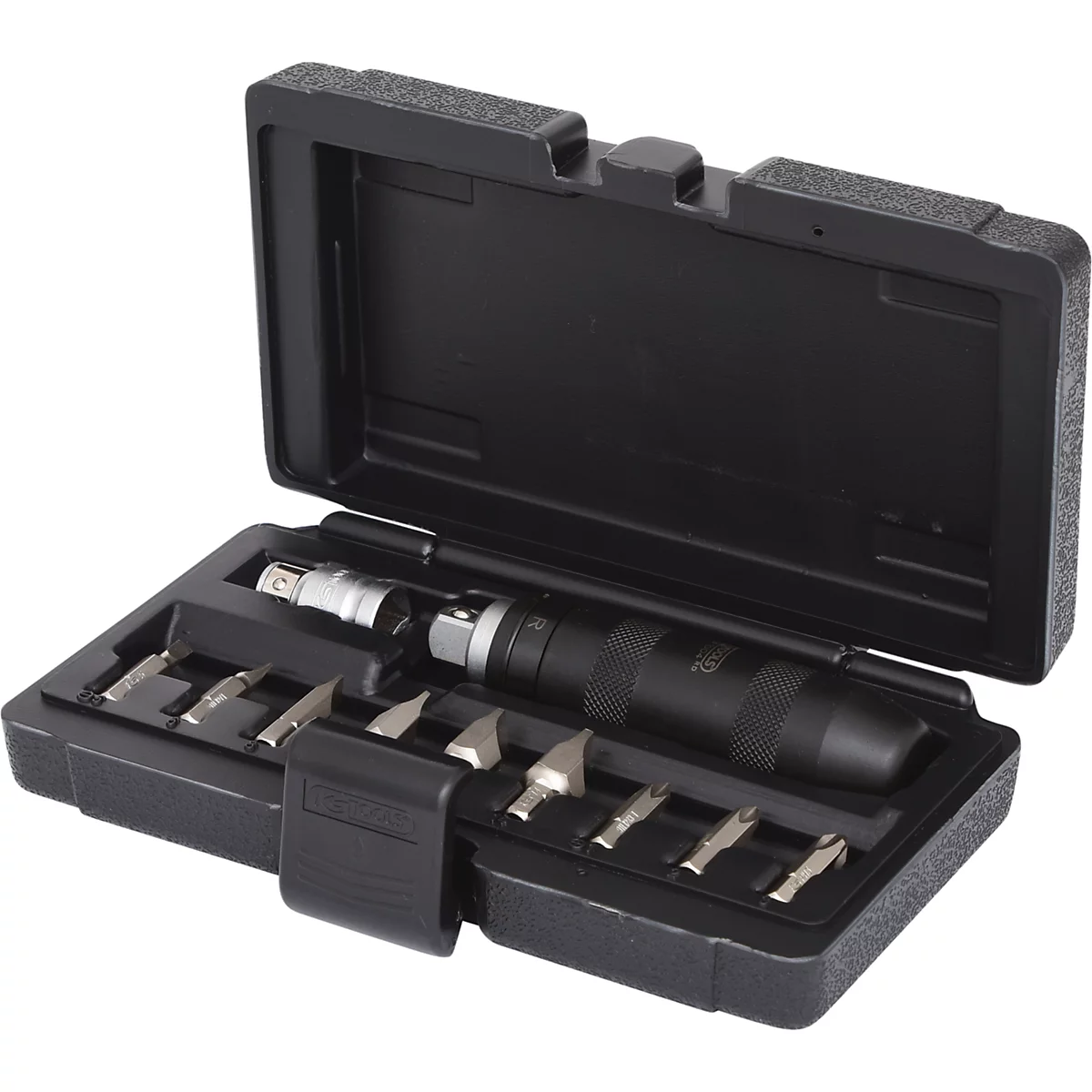Mallette à outils noire avec jeu de tournevis. Le boîtier est ouvert, montrant un tournevis et plusieurs embouts.