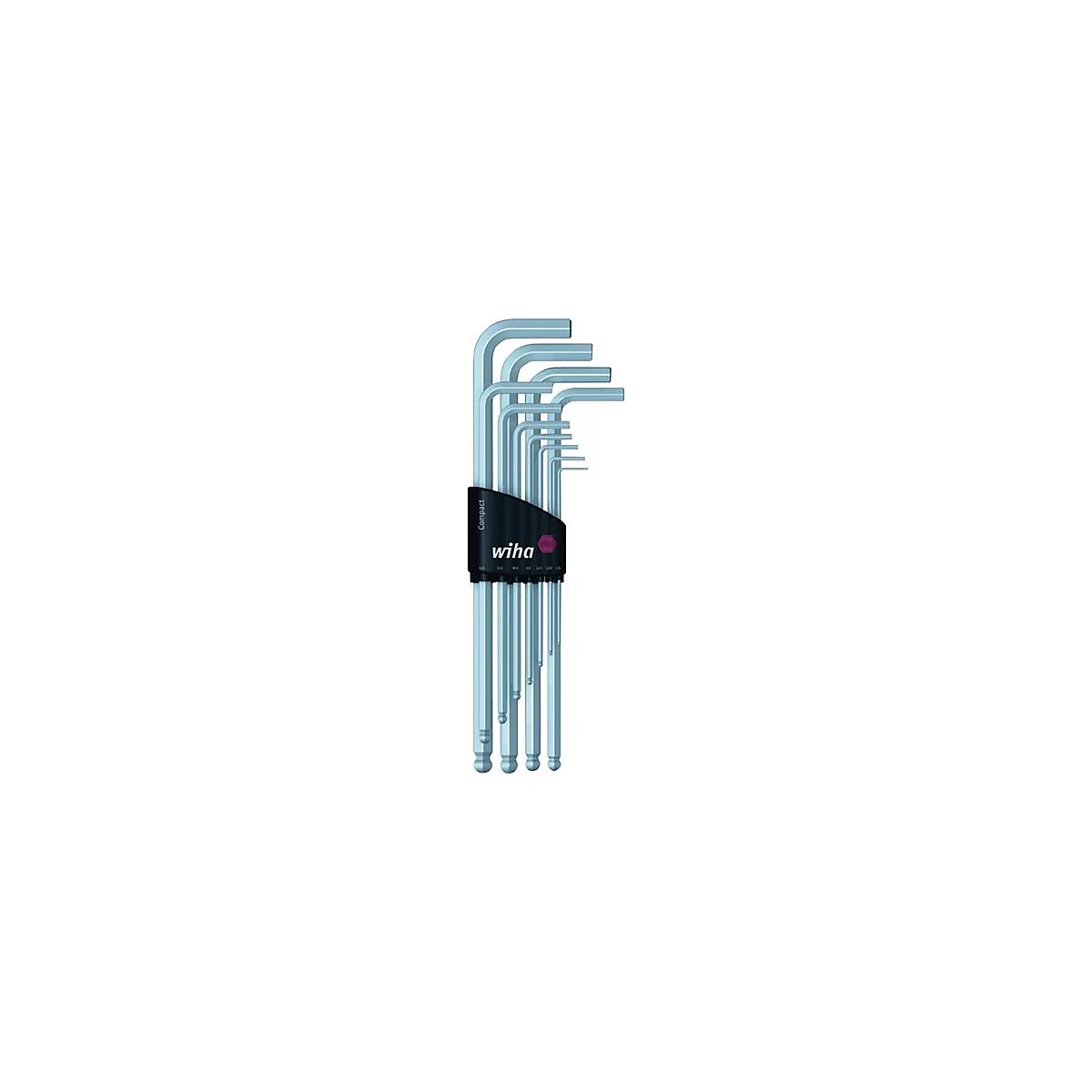 Un ensemble de clés Allen bleu clair, maintenues dans un support noir avec le logo "Wiha".