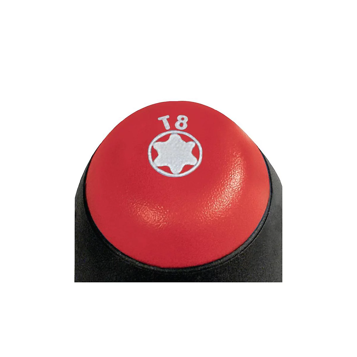 Gros plan sur une tête de tournevis rouge avec un motif d'étoile blanc et l'inscription T8.