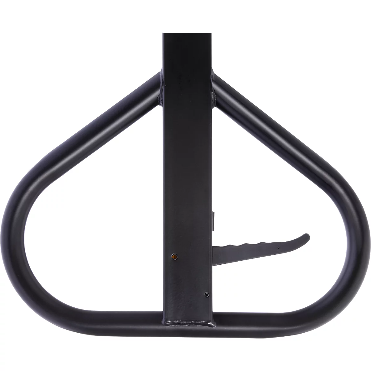 Close-up of a black bike parking stand, resembling a bike frame.