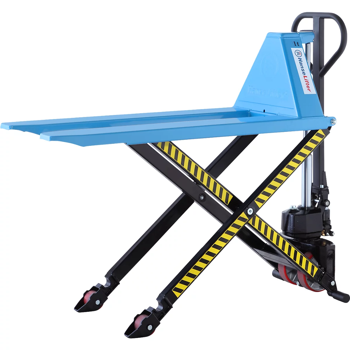 Blue and black lift truck with yellow and black warning stripes.