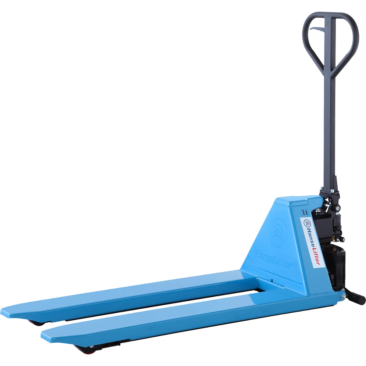 Blue pallet truck, with two forks, lifted. The lever is grey. Logo: Hanselifter.