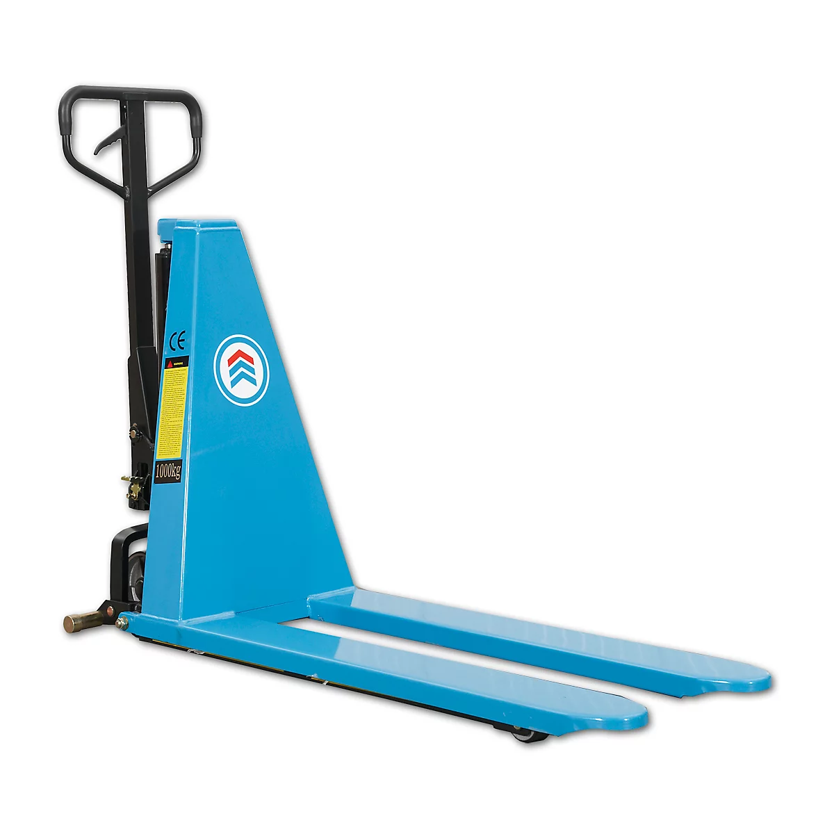 Blue pallet jack with two forks in front and a handle and drawbar behind. The body has a logo with arrows.