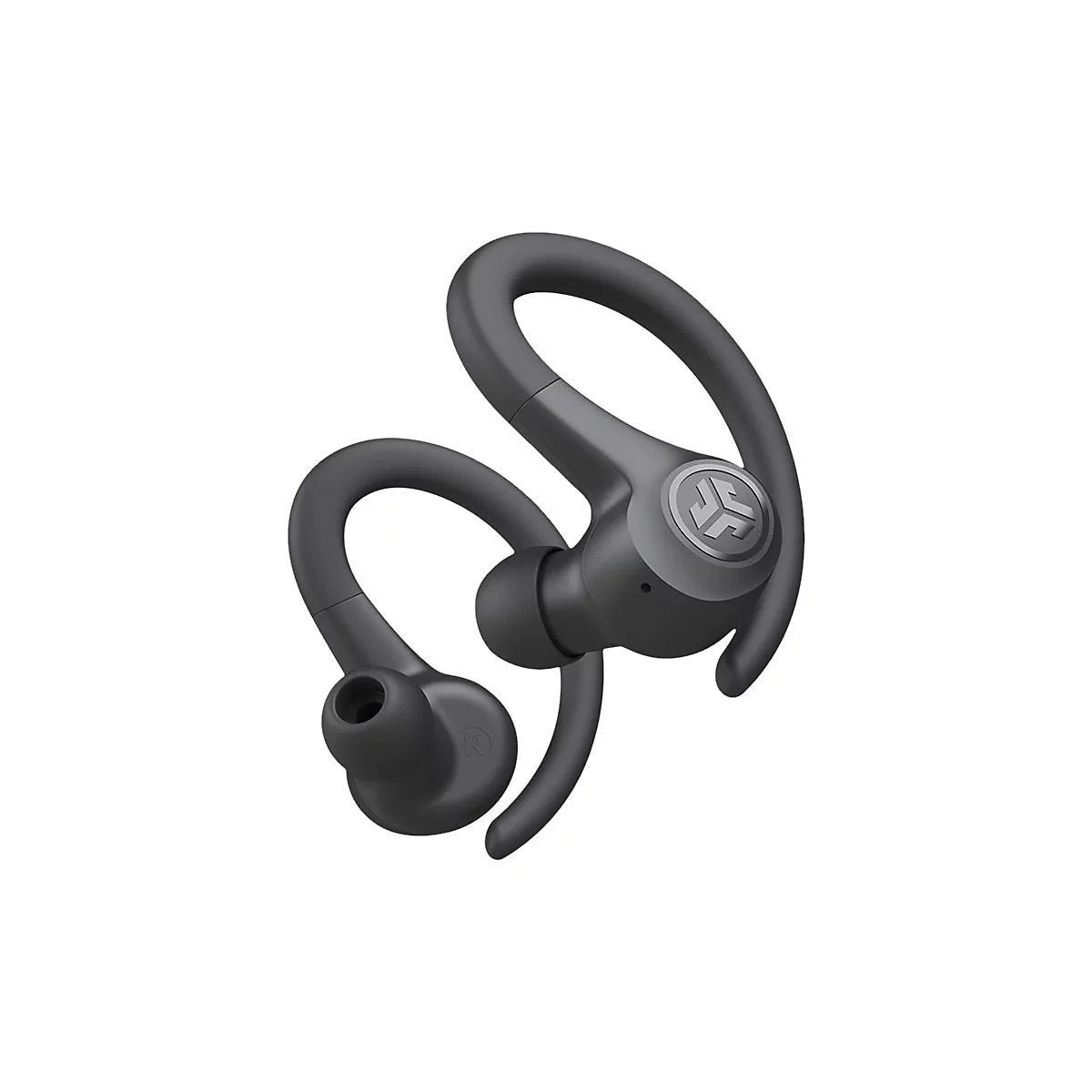 Schwarze In-Ear-Sportkopfhörer mit Ohrbügeln vor weißem Hintergrund.