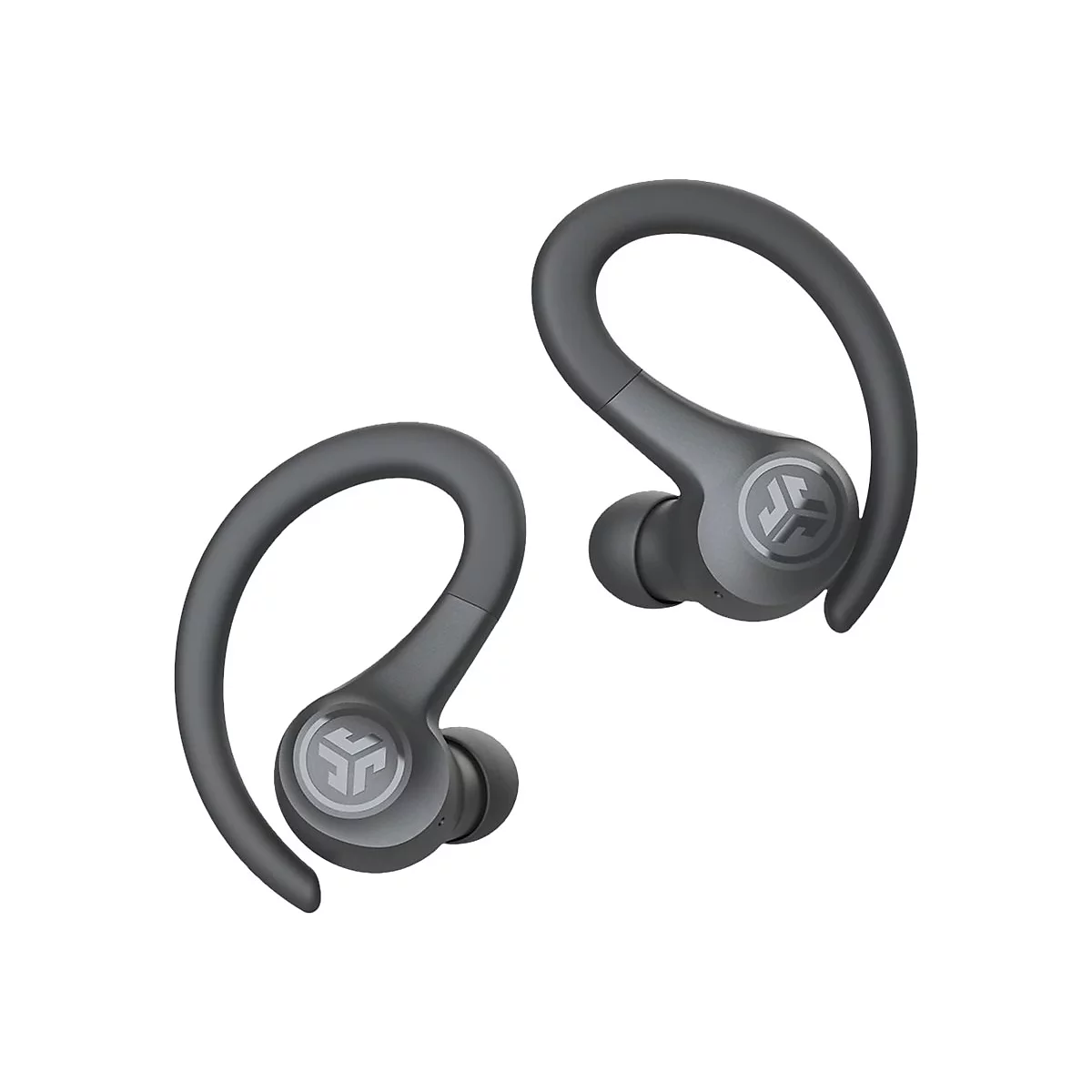 Graue In-Ear-Sportkopfhörer mit Ohrbügeln und JLab-Logo auf weißem Hintergrund.