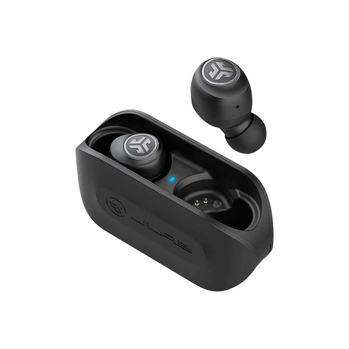 Schwarze kabellose In-Ear-Kopfhörer mit Ladecase vor weißem Hintergrund.