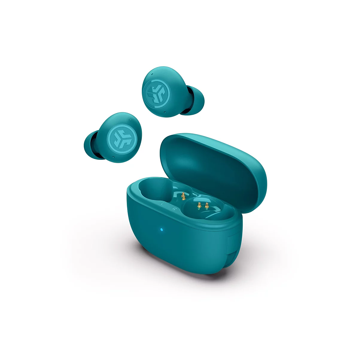 Écouteurs sans fil turquoise avec étui de chargement ; deux écouteurs flottent à côté.