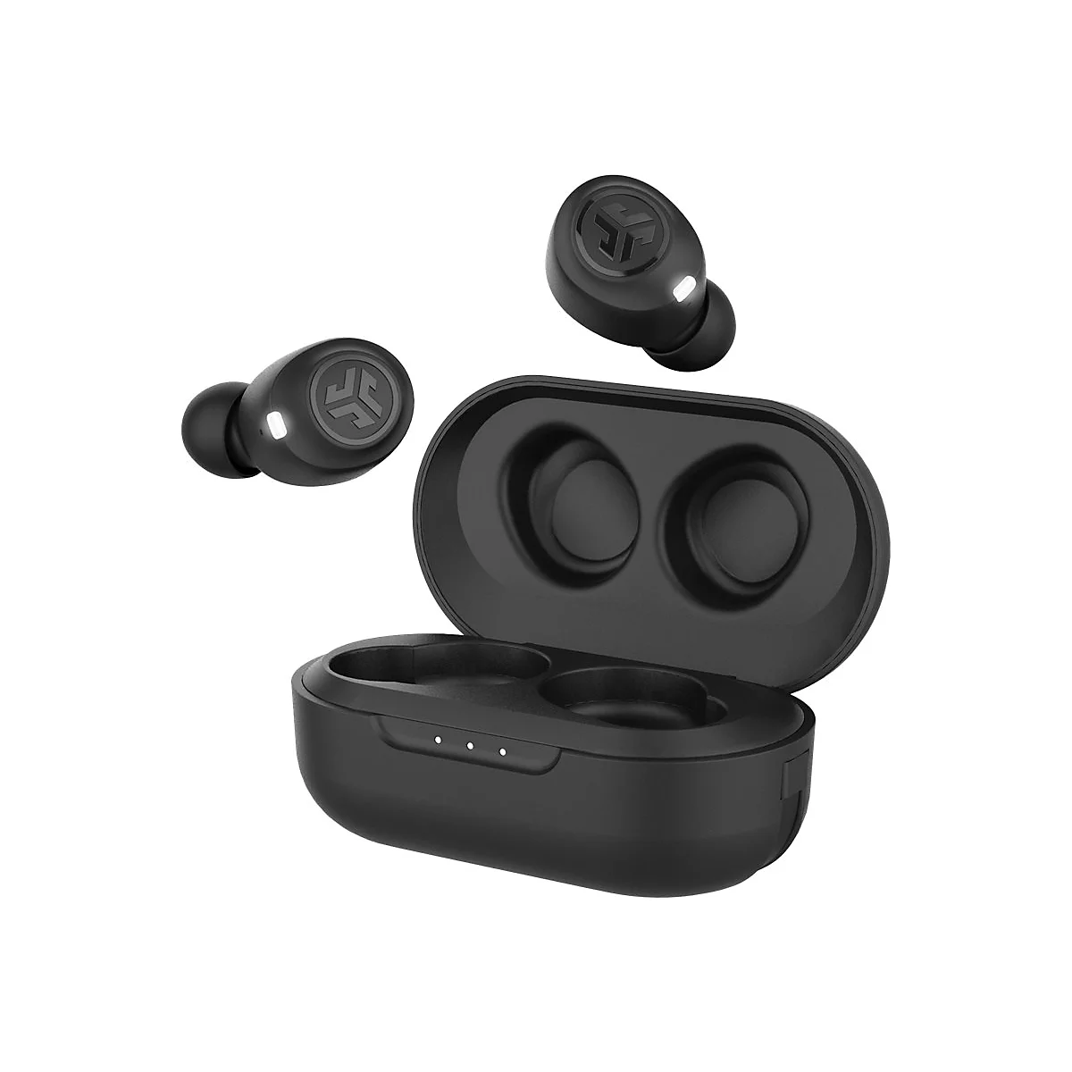 Schwarze kabellose In-Ear-Kopfhörer mit offenem Ladecase vor weißem Hintergrund.