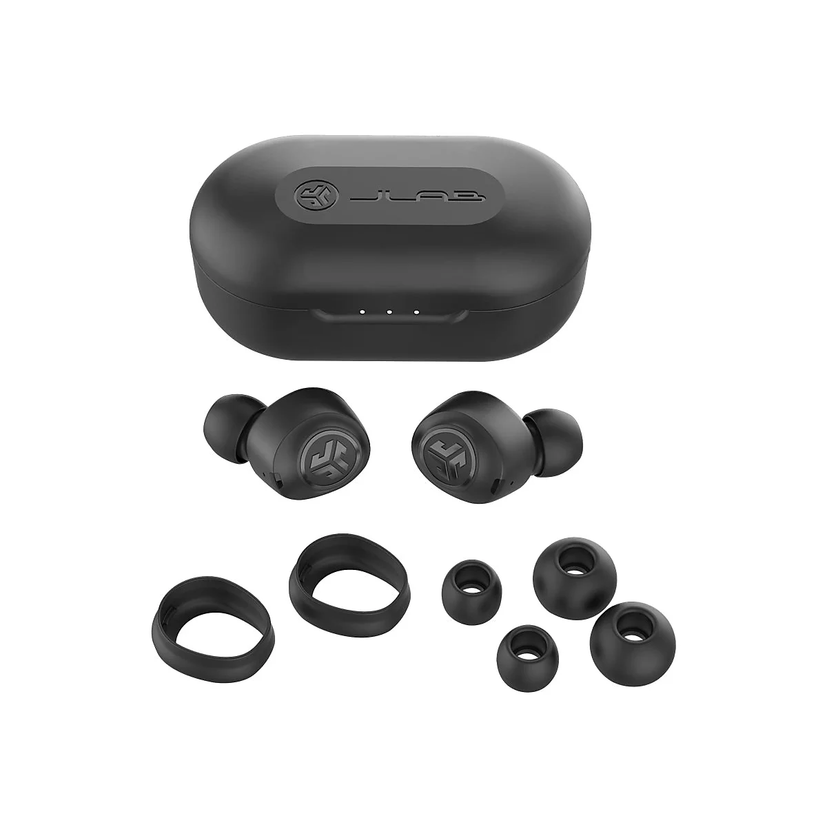 Schwarze kabellose In-Ear-Kopfhörer mit Ladecase und verschiedenen Ohrpolster-Aufsätzen.