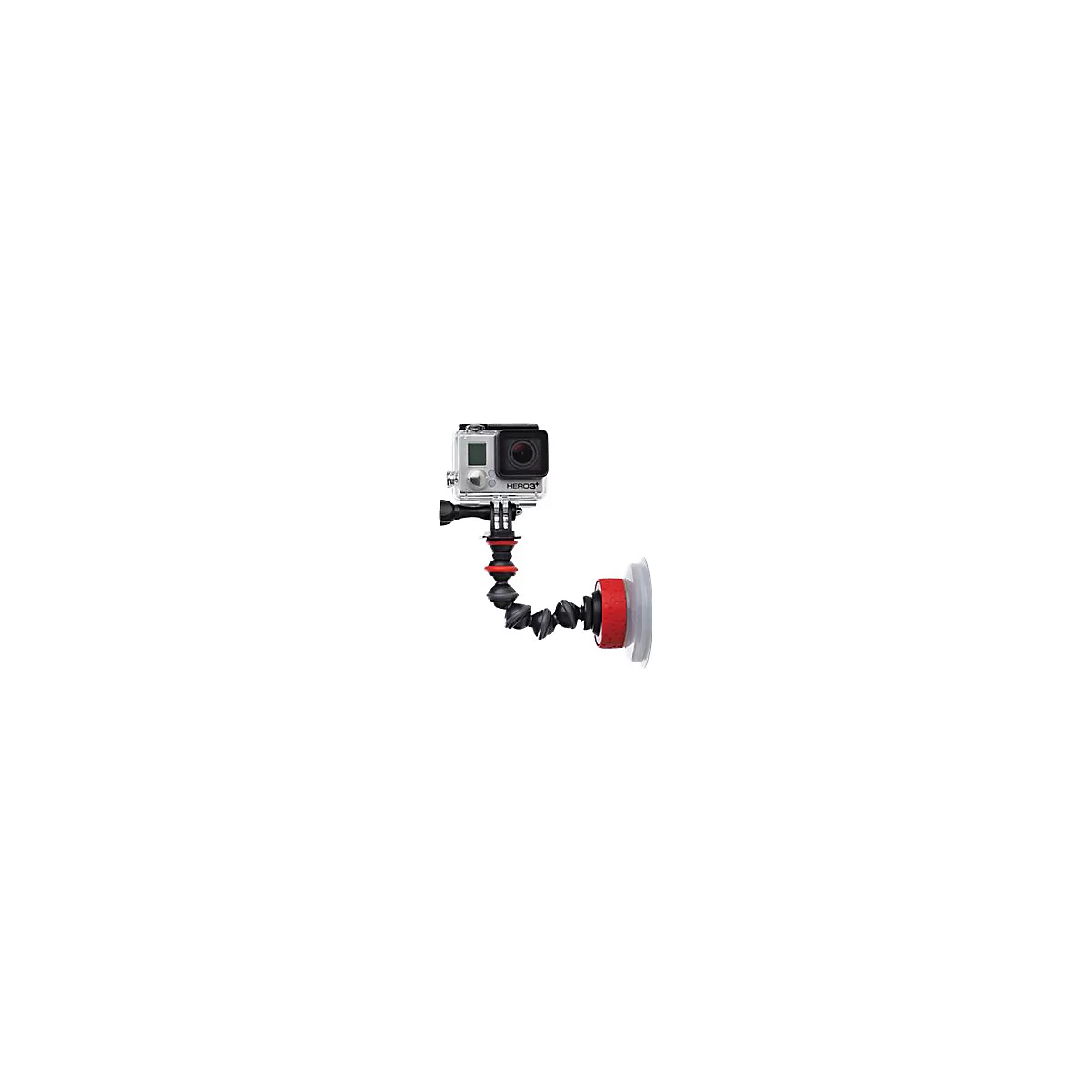 GoPro Kamera an flexiblem Stativ mit Saugnapf. Kamera mit Gehäuse, schwarzes, rotes und graues Gestänge. Der Saugnapf ist durchsichtig.