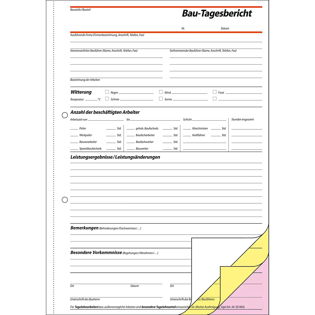 Journal de chantier SD063 sigel®, format A4 portrait, 3 x 40 feuilles
