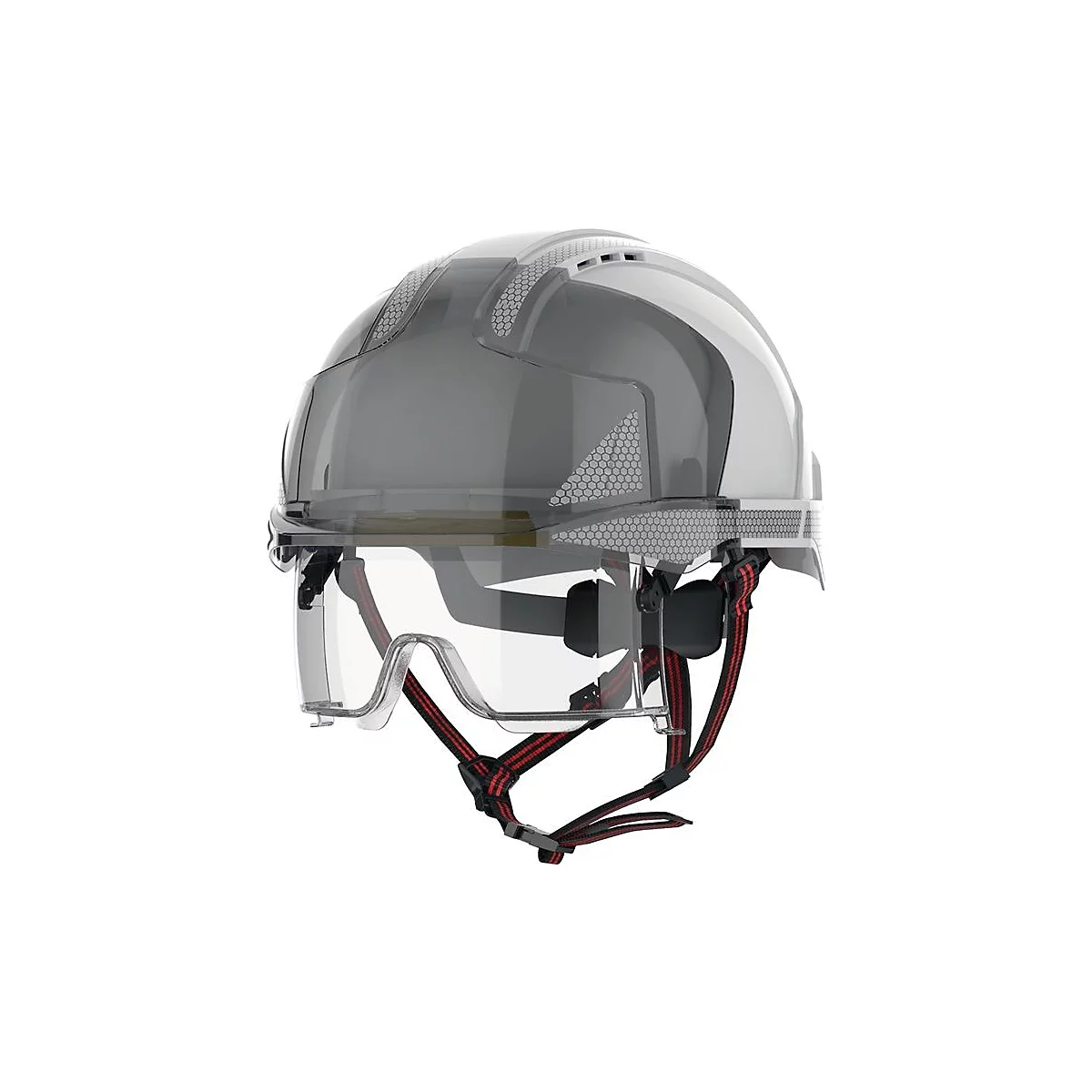 JSP industriële klimhelm EVO VISTAlens Dualswitch, ABS wit/rook, EN 397/12492, geventileerd, geïntegreerde gelaatsbescherming