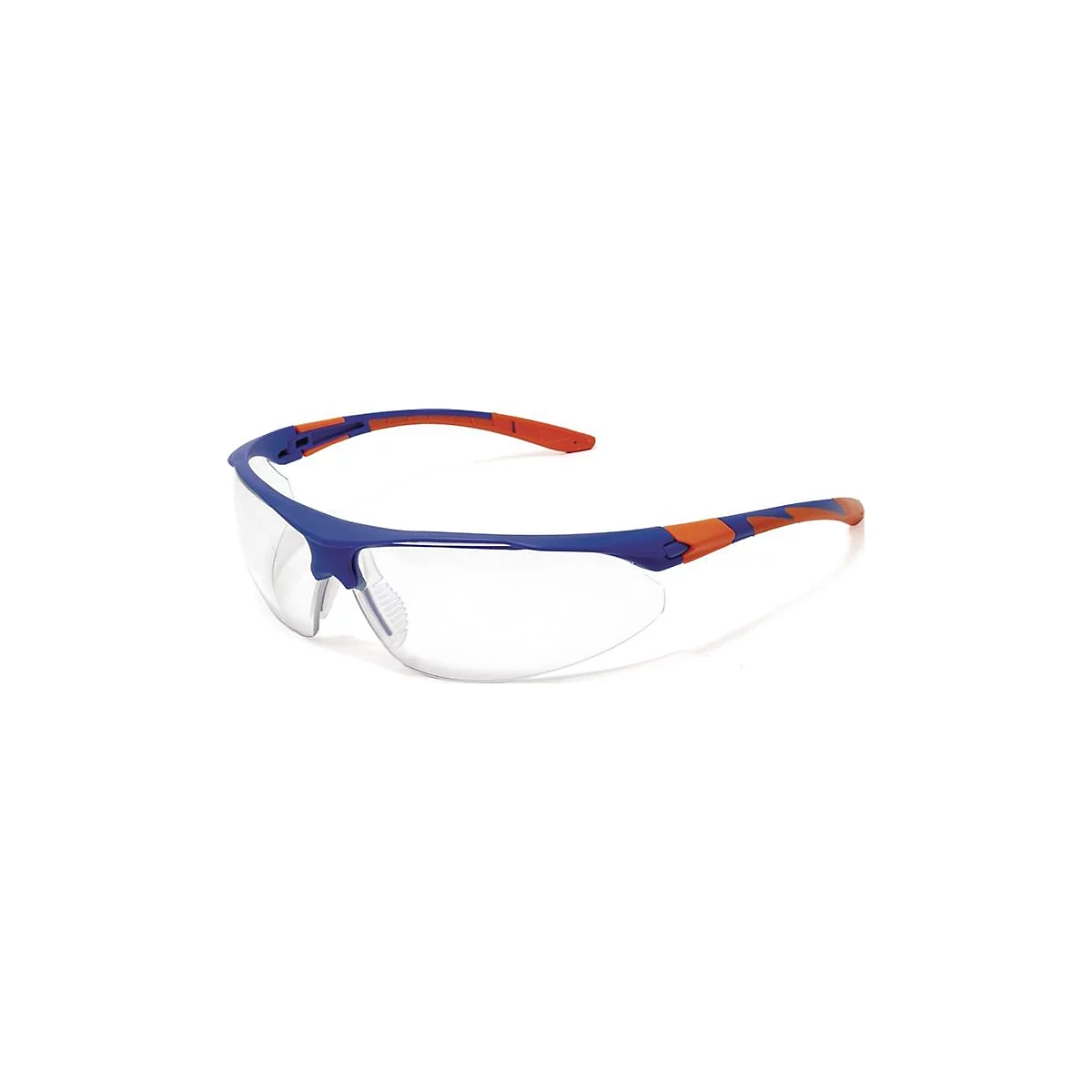 Lunettes de sécurité avec des détails bleus et orange. Verres clairs, monture bleue, extrémités des branches orange.