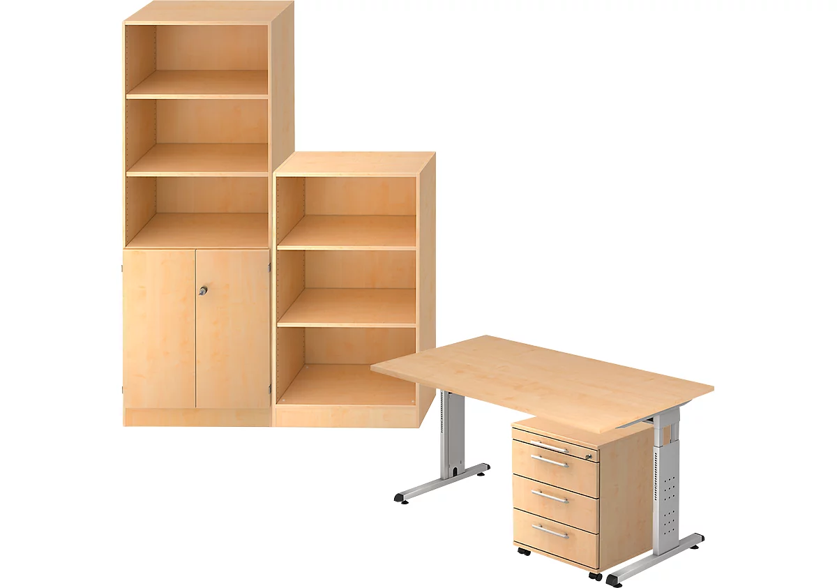 Juego completo escritorio/armario auxiliar/armario estantería/estantería ULM, acabado en arce