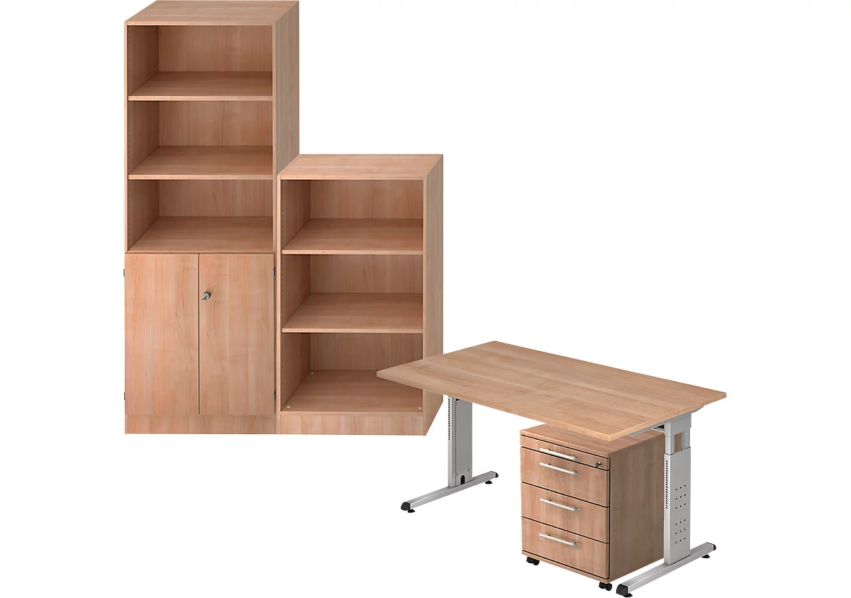 Juego completo escritorio/armario auxiliar/armario estantería/estantería ULM, acabado en nogal