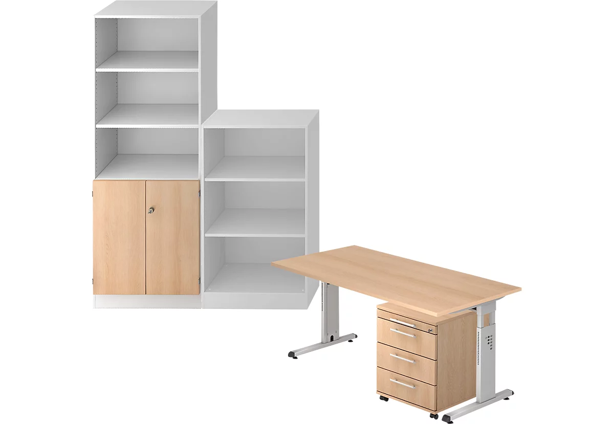 Juego completo escritorio/armario auxiliar/armario estantería/estantería ULM, blanco/roble