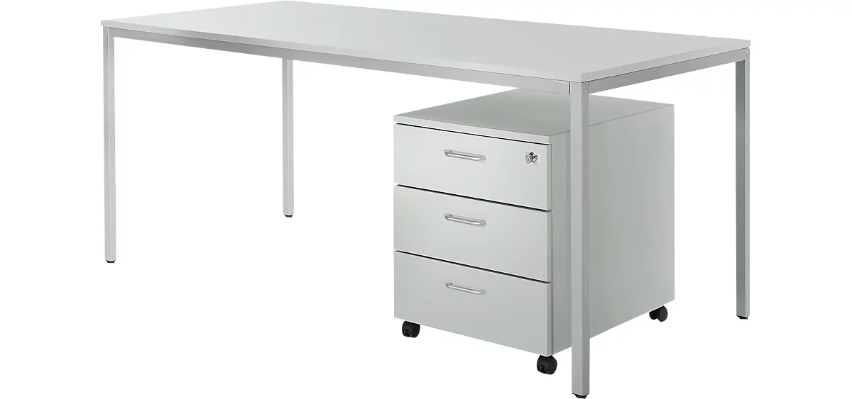 Juego completo escritorio y archivador con ruedas PROPLANA, gris luminoso/aluminio blanco