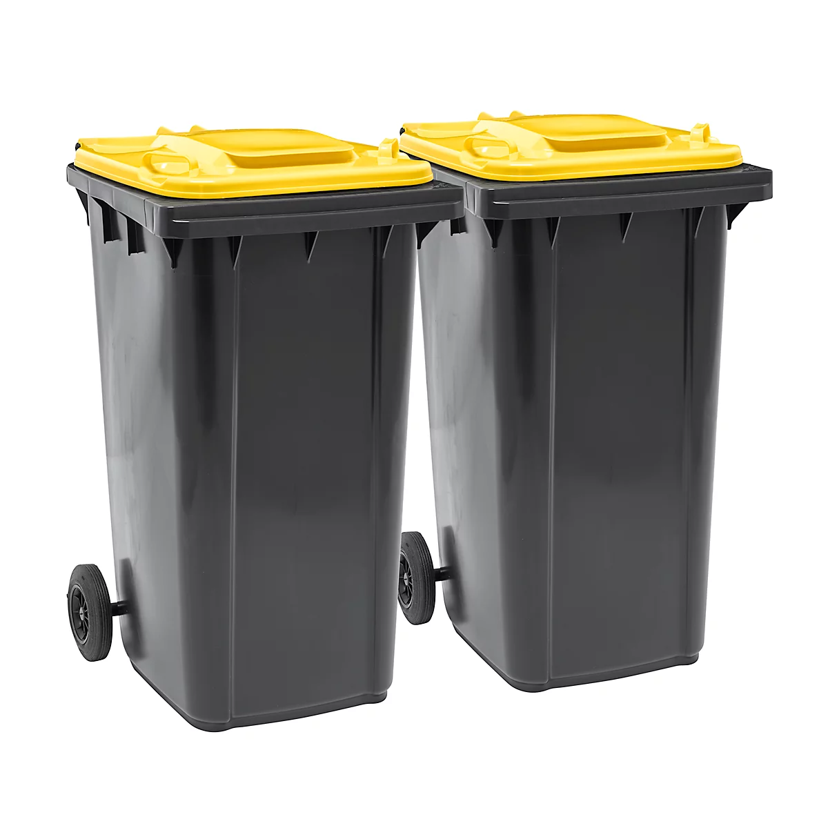 Dos cubos de basura grises con tapas amarillas. Los cubos tienen ruedas.