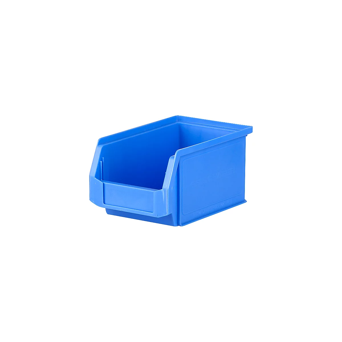 Caja de almacenamiento de plástico azul, rectangular con un compartimento abierto y un logotipo impreso.