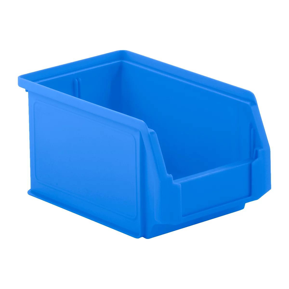 Caja de almacenamiento azul con frente inclinado. Forma rectangular con una superficie lisa.