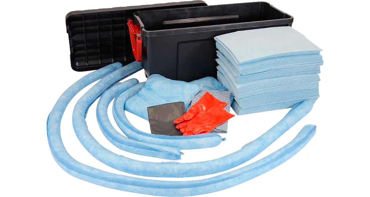 Juego de emergencia para derrames en maletín rodante con tapa extraíble, 132 piezas, de color azul con aceite, con capacidad para 150 L