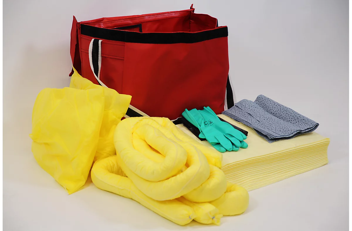 Juego de emergencia para fugas contra sustancias químicas amarillo, absorción 100 l, 77 piezas, con bolsa