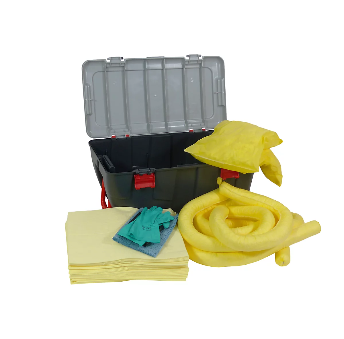 Juego de emergencia para fugas contra sustancias químicas amarillo, absorción 100 l, 77 piezas, en maletín portátil