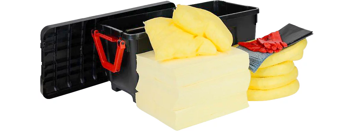 Juego de emergencia para fugas en maleta con ruedas tapa extraíble, de 132 piezas, para sustancias químicas amarillo, capacidad de absorción 150 l