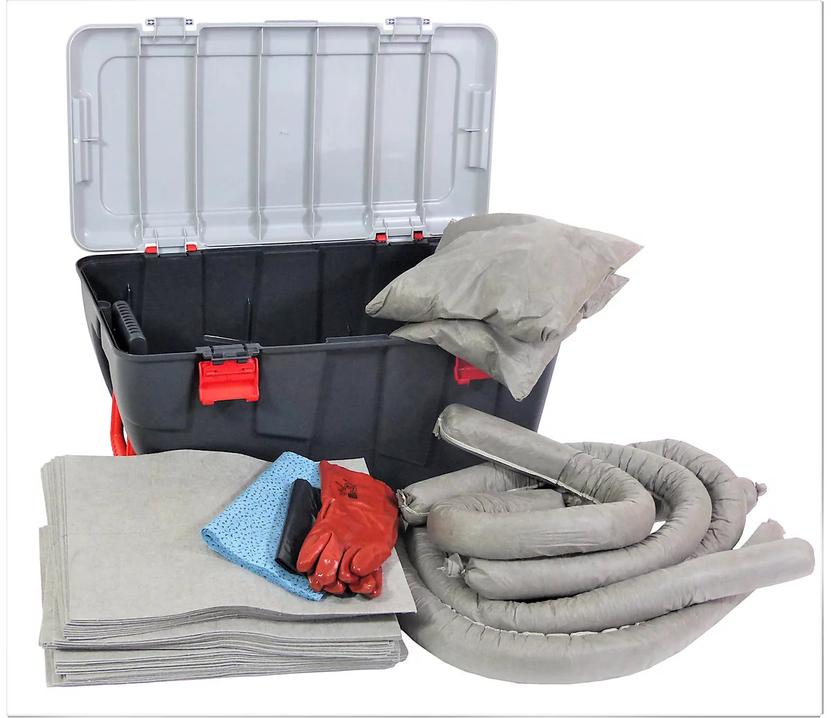 Juego de emergencia para fugas universal gris, absorción 100 l, 77 piezas, en maletín portátil