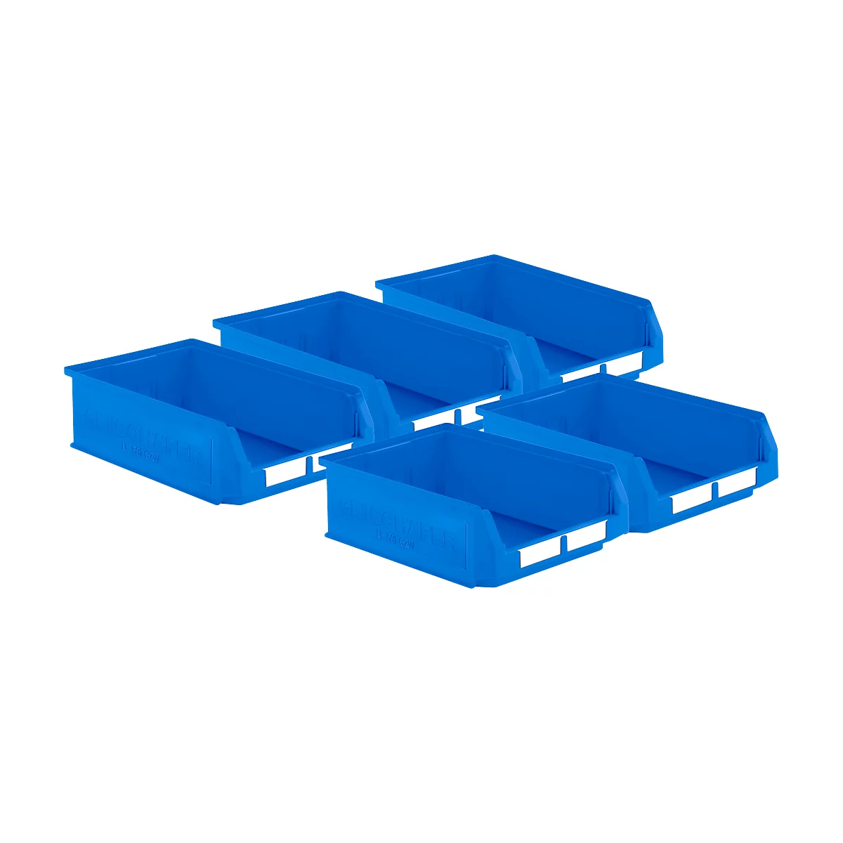 Cinco contenedores de plástico azul. Los contenedores son rectangulares con lados inclinados. El ángulo es ligeramente desde arriba.