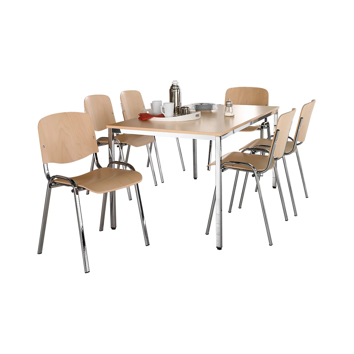 Juego económico de sillas apilables ISO Wood, apilables hasta 10 piezas, madera de haya, dimensiones del asiento W 475 x D 415 x H 460 mm, 6 piezas + mesa de conferencias, decoración de haya, W 1600 x D 800 mm