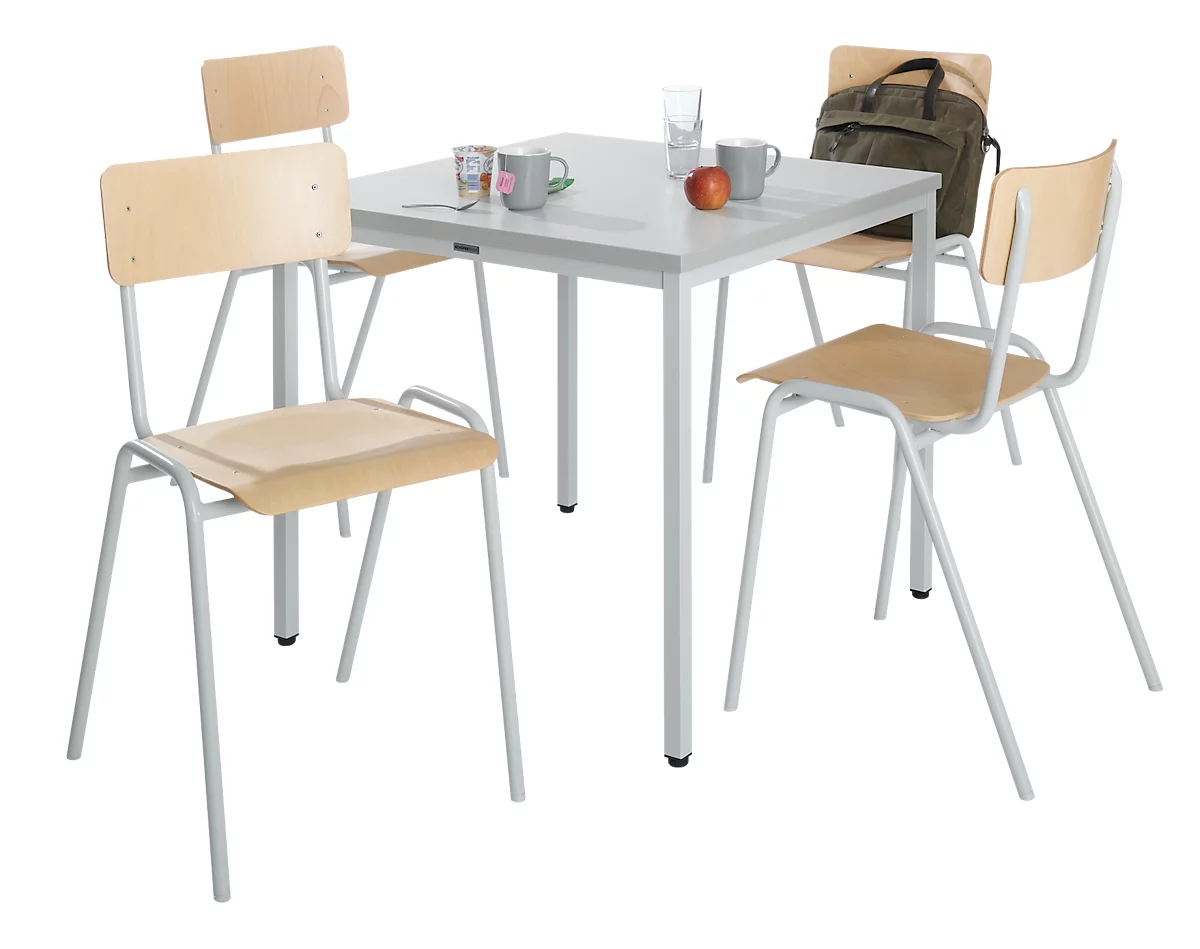 Juego económico de sillas apilables, madera de haya, armazón gris, 450 x 520 x 770 mm, 4 piezas + mesa, madera de haya, armazón gris, L 800 x W 800 x H 720 mm