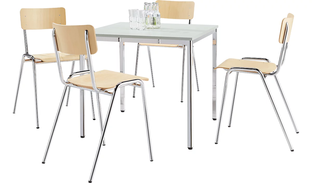 Juego económico de sillas apilables, madera de haya, dimensiones del asiento 452 x 500 x 803 mm, 4 piezas + mesa de conferencias, gris claro, 800 x 800 x 720 mm