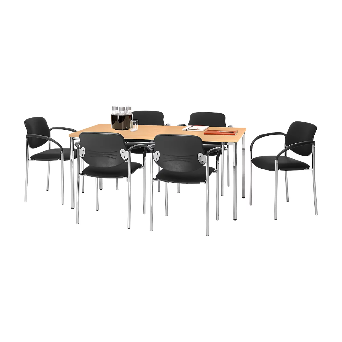 Juego económico Silla de visita Styl, apilable hasta 6 piezas, tejido de revestimiento negro, dimensiones del asiento An. 450 x Pr. 460 x Al. 470 mm, 6 piezas + mesa de conferencias, acabado de haya, An. 1600 x Pr. 800 mm