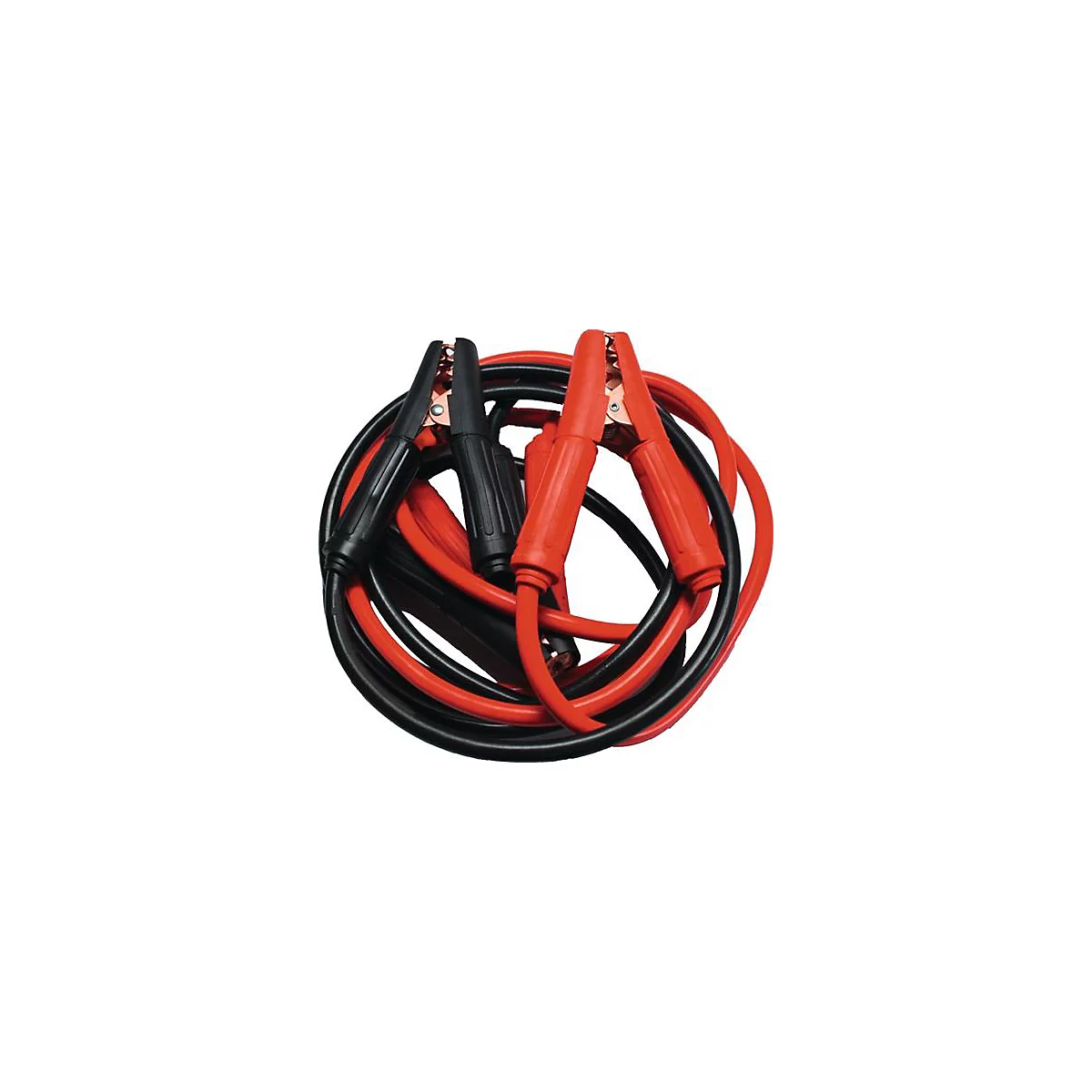 Red and black jumper cables. The red and black clamps are close to each other.