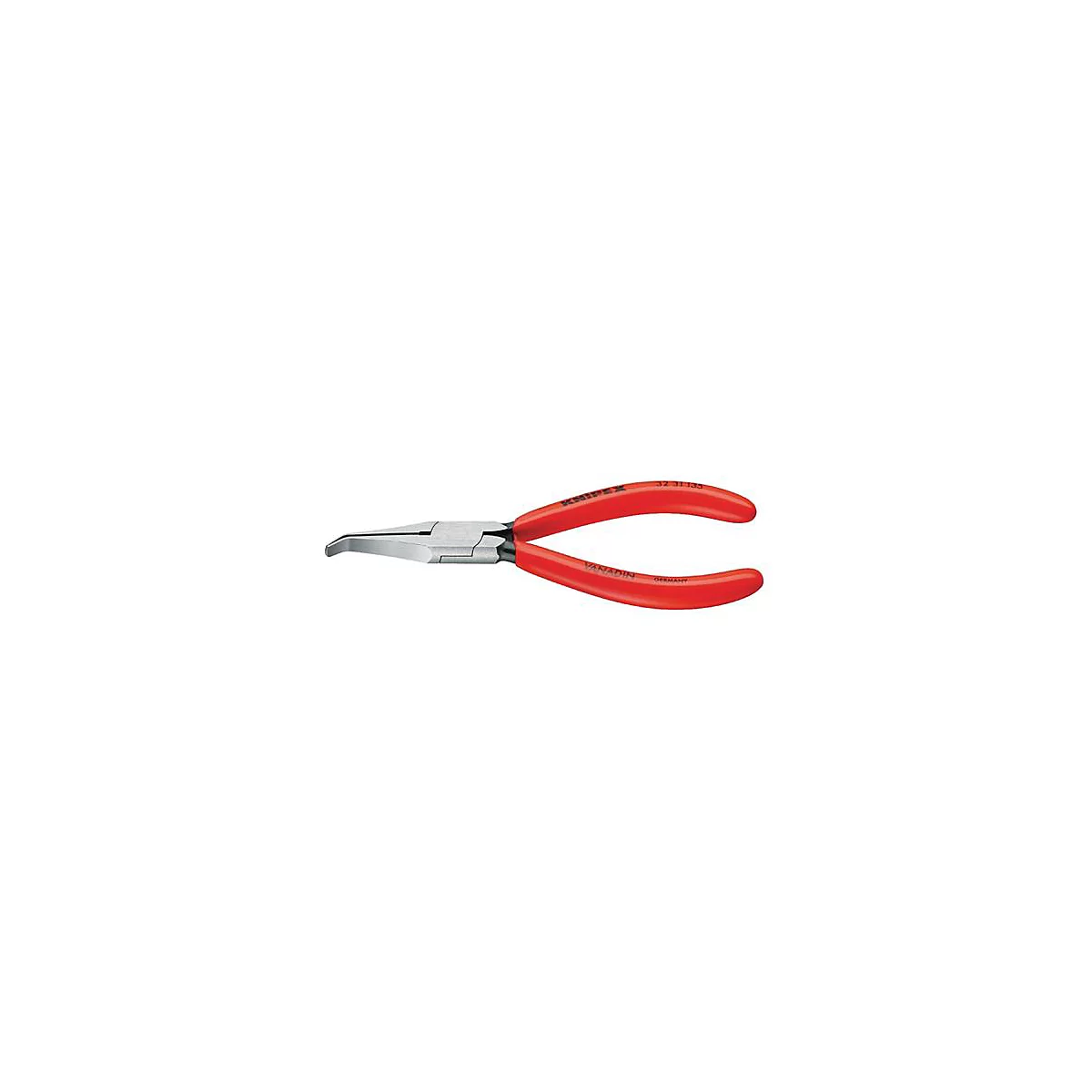 Eine gebogene Spitzzange mit roten Griffen. Auf den Griffen steht KNIPEX und VANADIUM.
