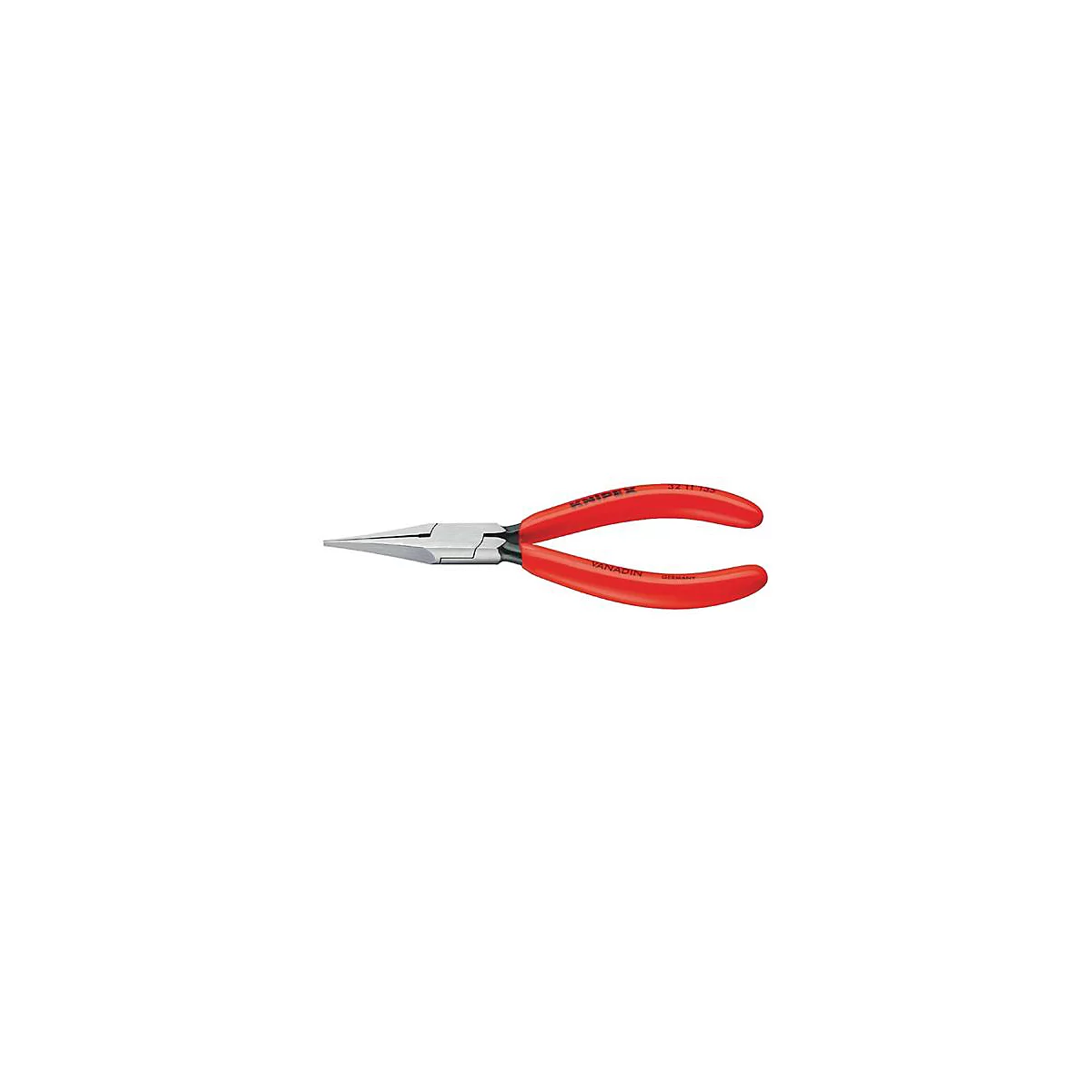 Spitzzange mit roten Griffen. Silberne Zange, roter Griff mit Schriftzug. „KNIPEX“ und „VANADIN“ sind zu lesen.
