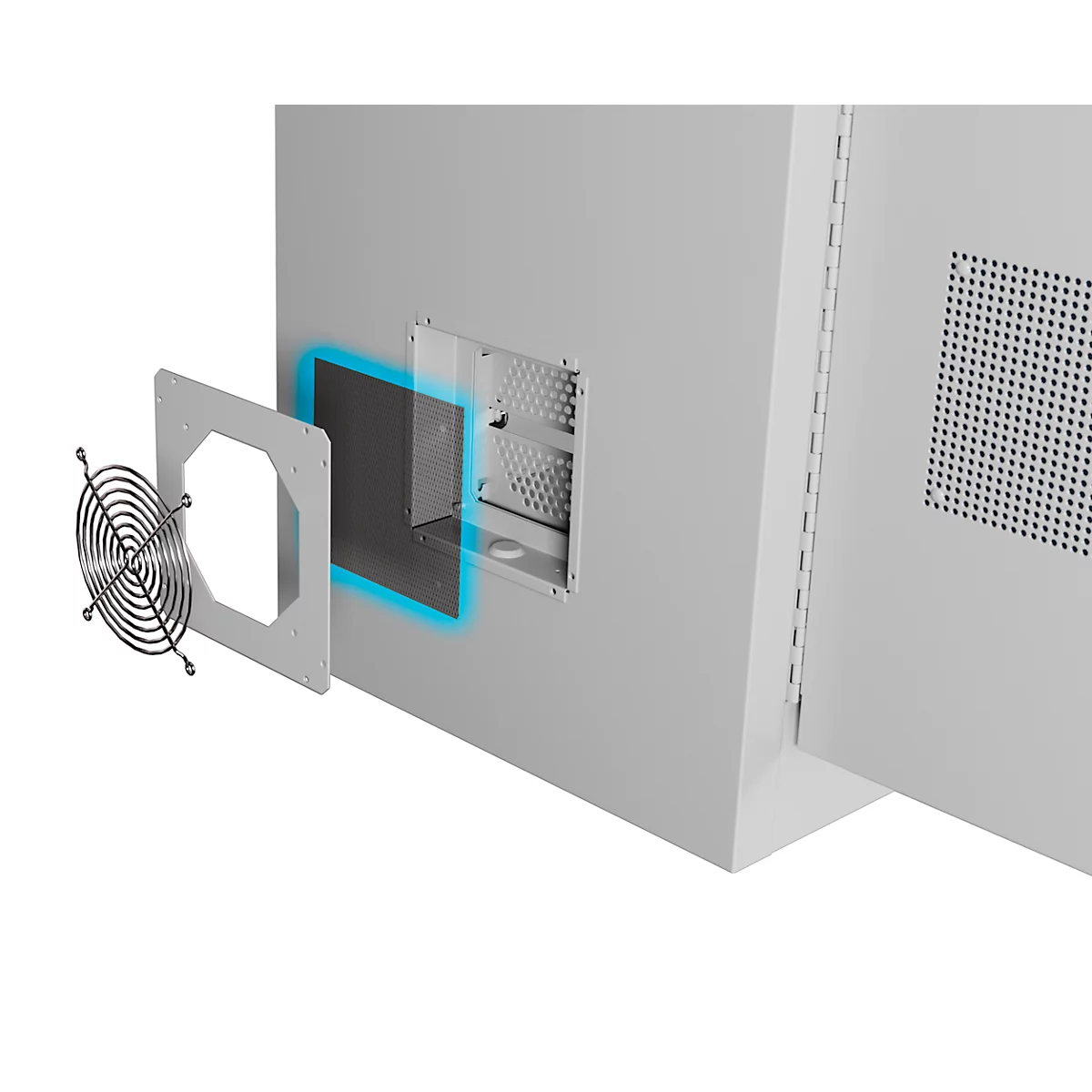Grijze camera-omtrek. Een cirkelvormige lens bevindt zich in het midden van de behuizing.