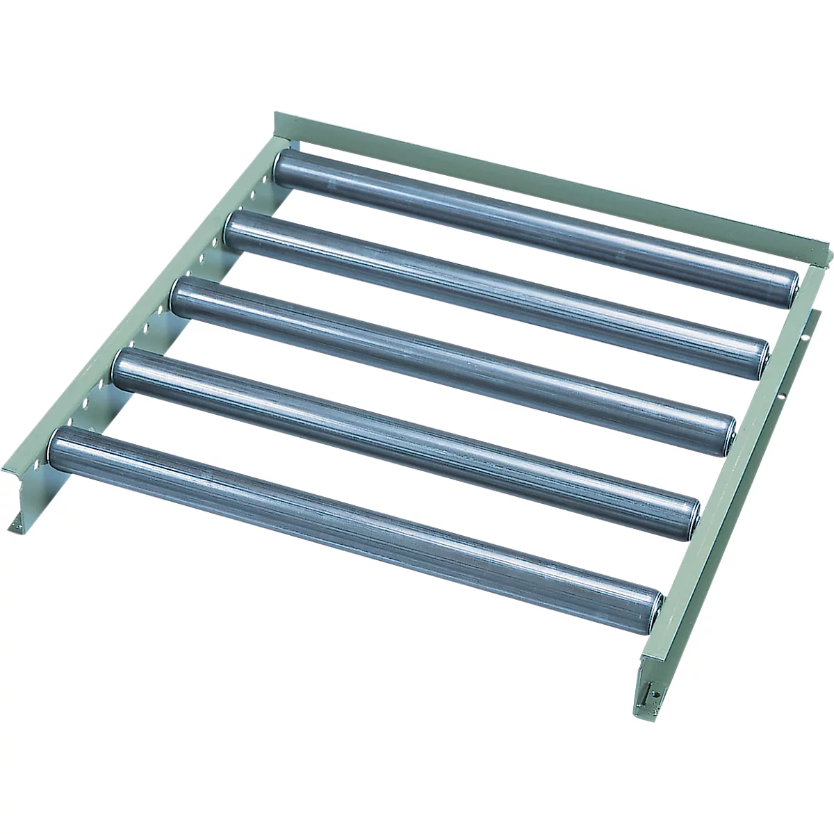 A gray roller conveyor, consisting of cylindrical rollers embedded in a metal frame.