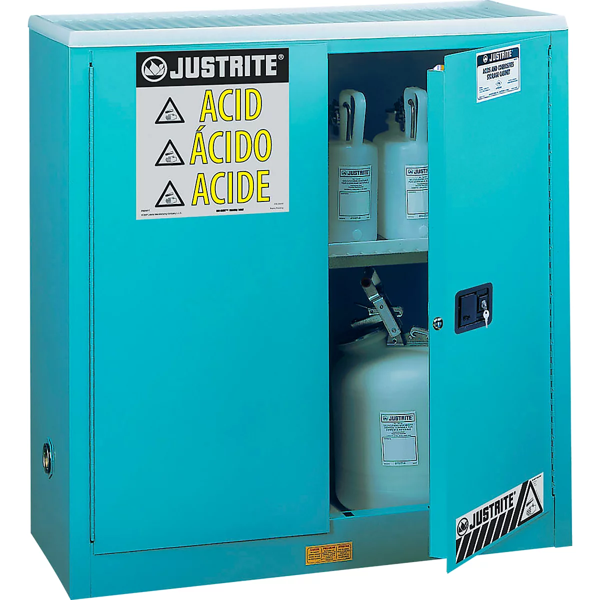 Justrite FM chemicaliënkast Classic Sure-Grip® EX, voor etsmiddelen, tot 114 liter, handmatig sluitende deuren, blauw