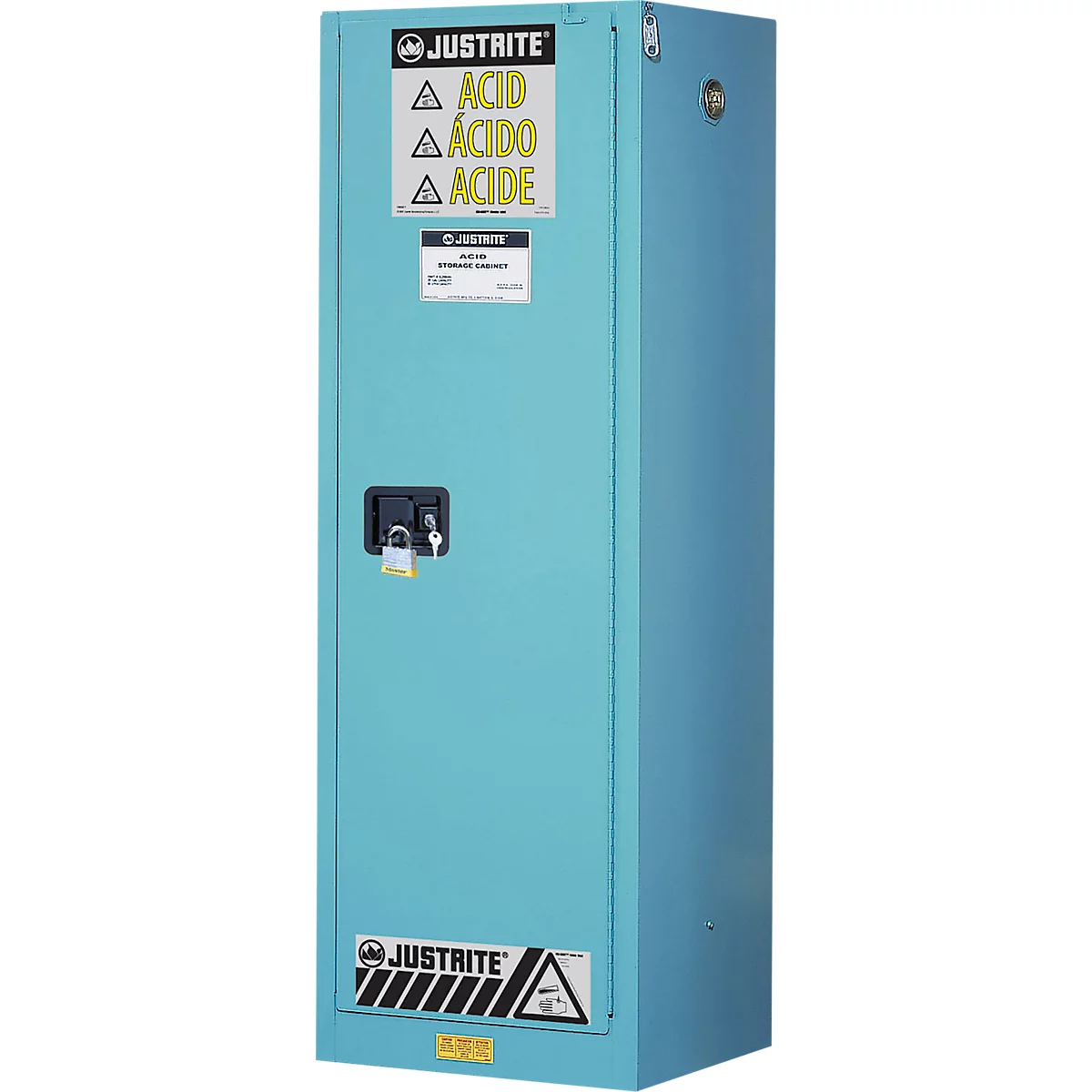 Justrite FM chemiekast Slimline Sure-Grip® EX, voor etsmiddelen, tot 83 liter, zelfsluitende deuren, blauw